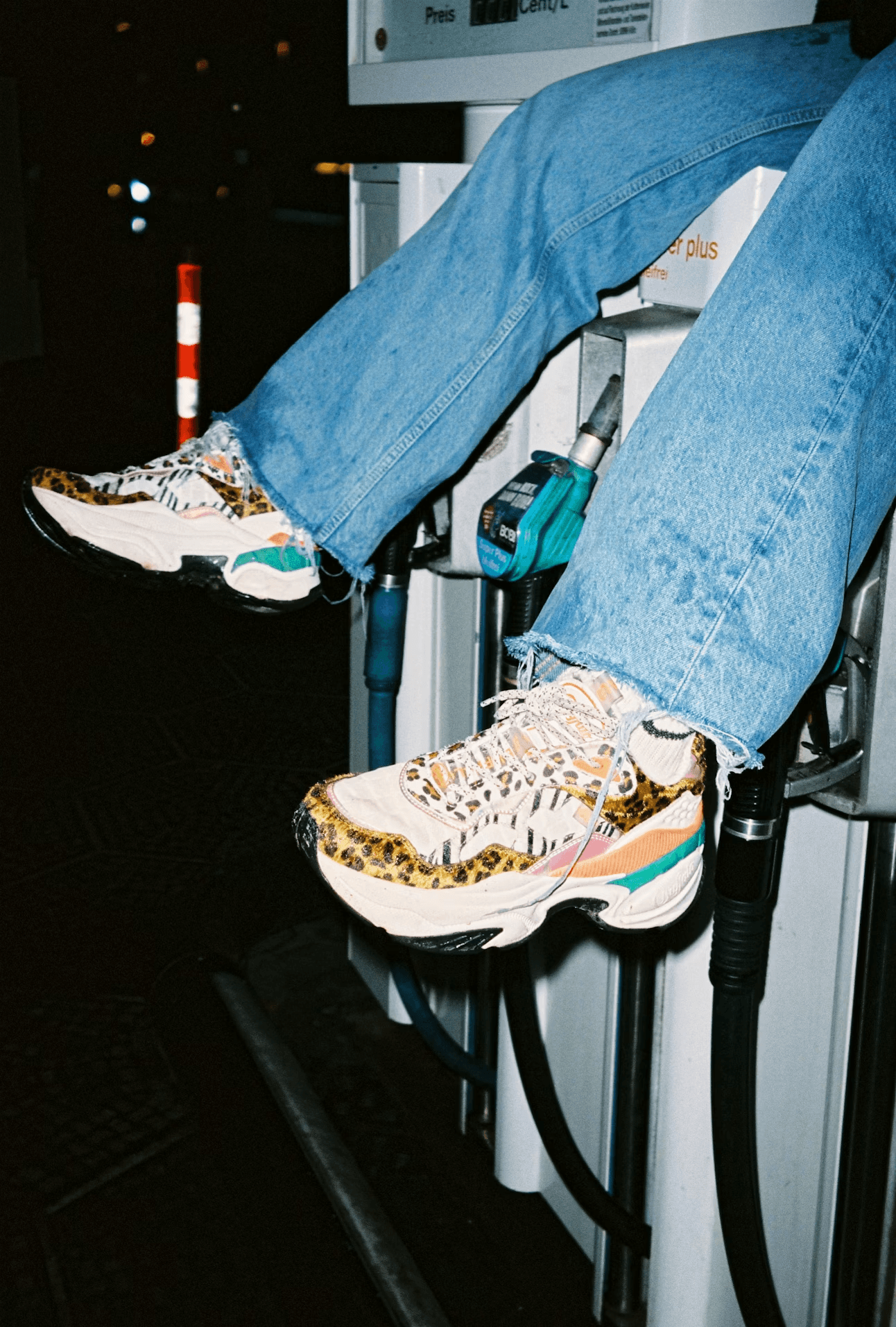 Sneakers at a gas station